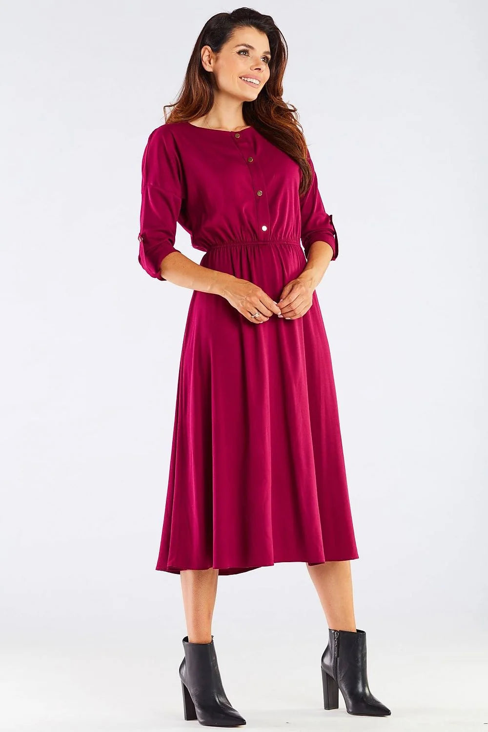 Robe midi légère bordeaux manches kimono élégante femme ajustable travail sortie style confort