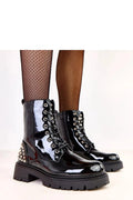 bottines vernies noires femme cheville hauteur 16cm talon 55mm plateforme crantée clous strass cuir écologique zippées lacées doublure chaude rock
