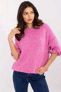 pull femme élégant moderne oversize coupe ample manches troisquarts bouffantes froncées col rond maille épaisse pelucheuse rose fuchsia cosy