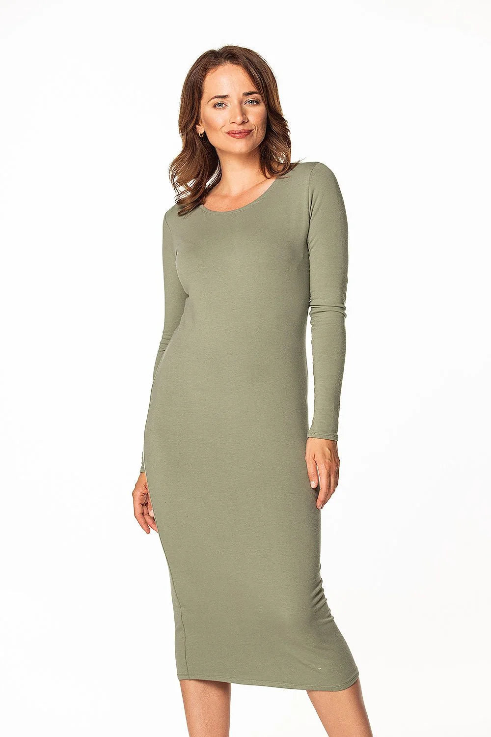 Robe midi femme design épuré manches longues vert kaki matériau confortable ajustée silhouette féminine