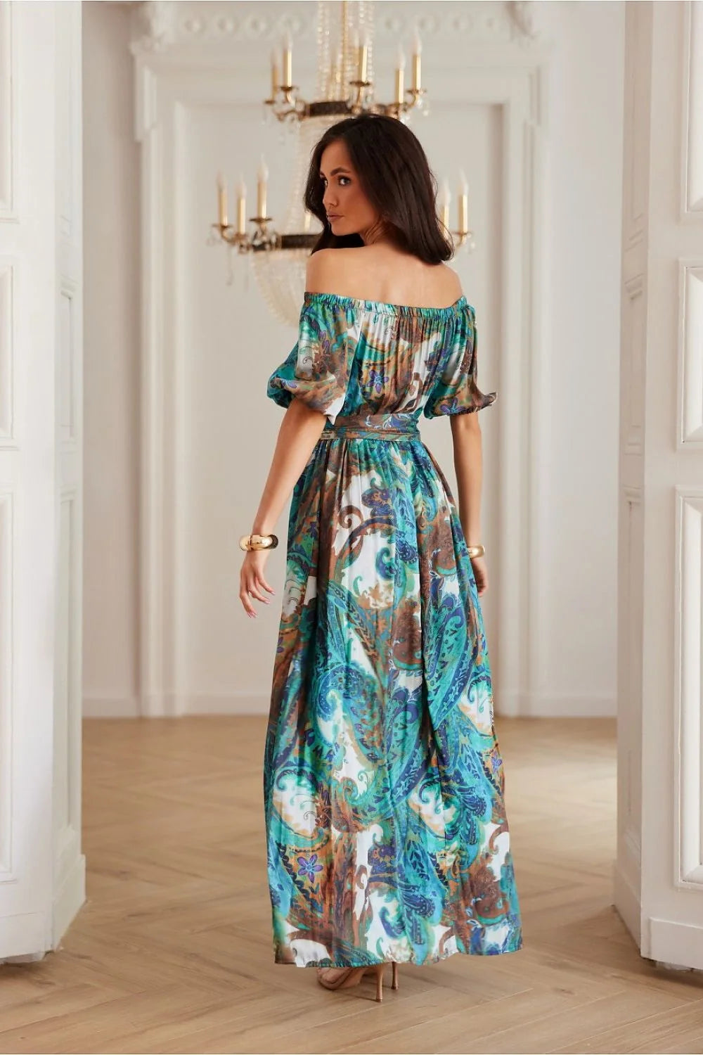 robe longue femme bohème épaules dénudées manches ballon viscose légère fluide imprimé cachemire bleu vert marron ceinture fente latérale haute