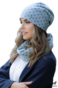 Ensemble hiver femme bonnet écharpe style moderne slouchy snood doux laine acrylique bleu clair pois confort durable