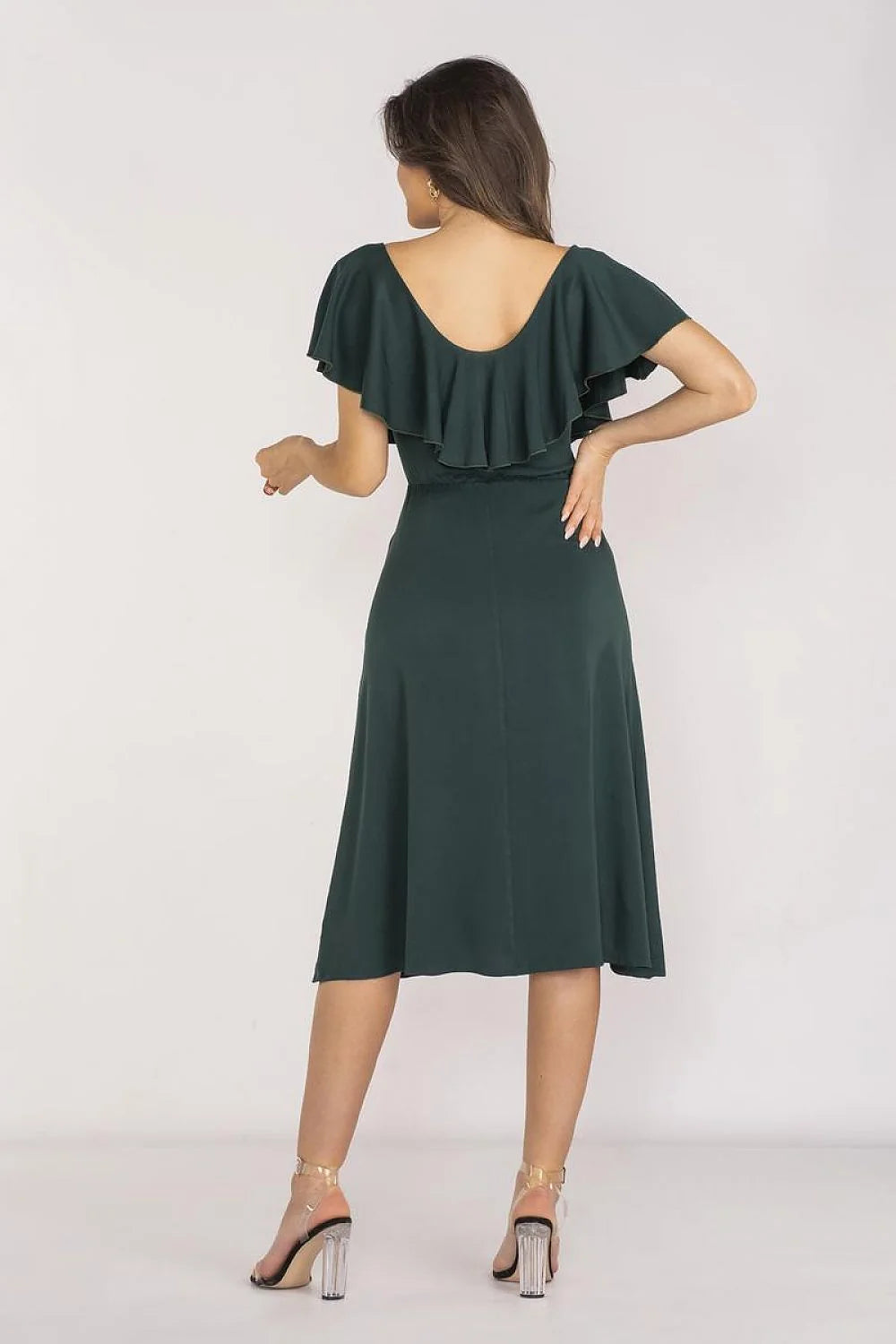 Robe élégante pour femme en vert foncé, manches courtes à volants, encolure en V, taille élastique, robe midi pour jours de fête