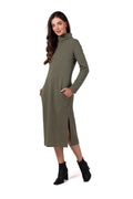 Robe de jour Be Wear élégante longueur midi manches longues couleur kaki maille coton structurée poches latérales fente côté femme