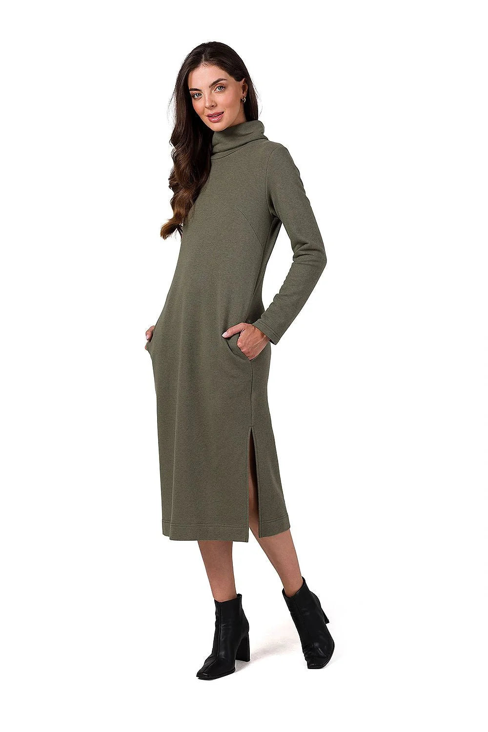 Robe de jour Be Wear élégante longueur midi manches longues couleur kaki maille coton structurée poches latérales fente côté femme
