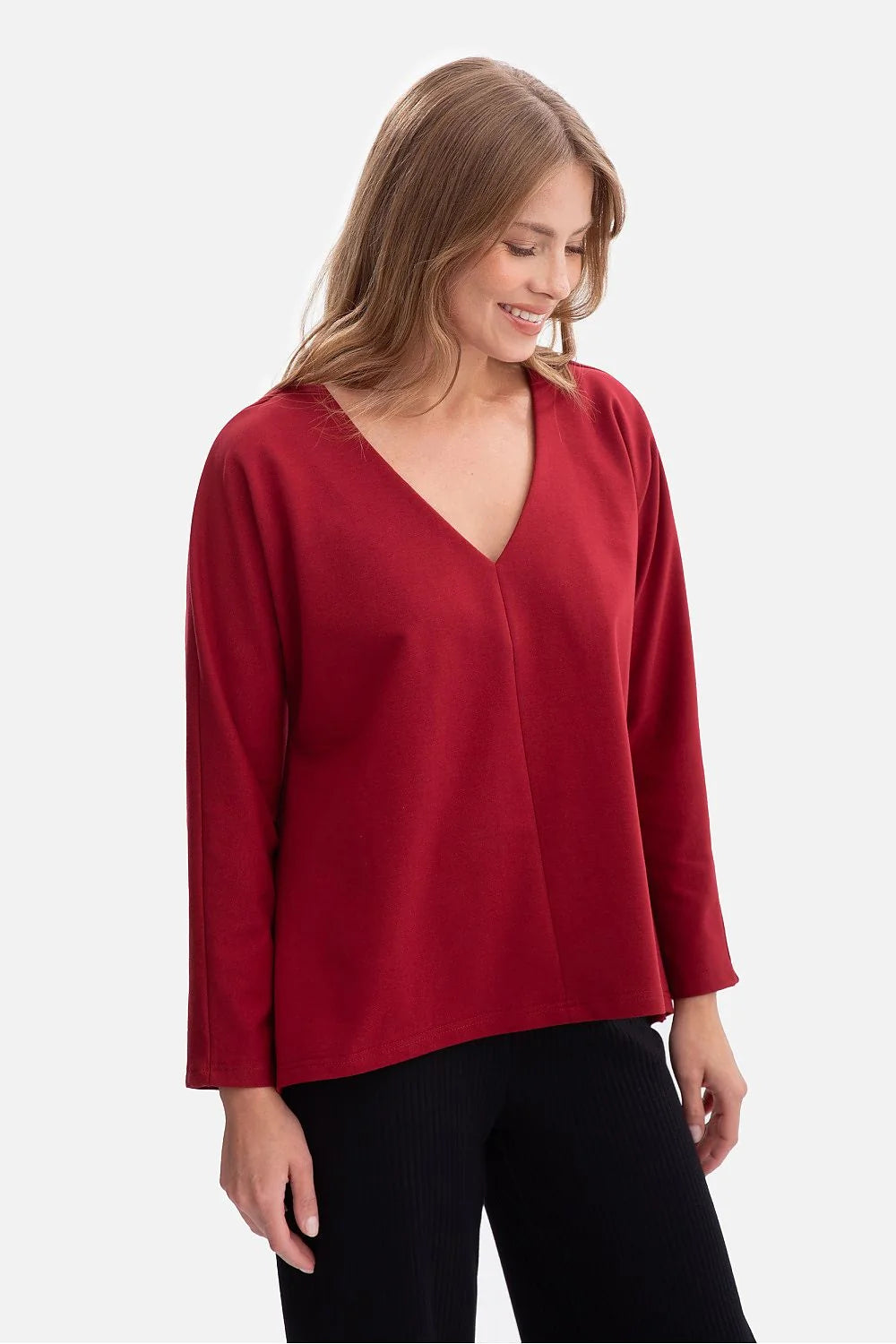 chemisier femme bordeaux jersey 260g maille douce bouclé confortable respirante col V profond manches longues coupe ample oversize