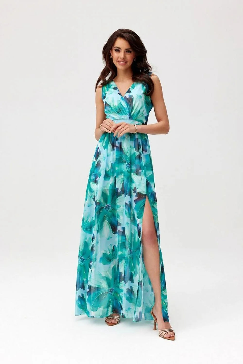 Robe de jour Roco Fashion longue sans manches en mousseline bleue turquoise verte dentelle noire taille ajustable femme