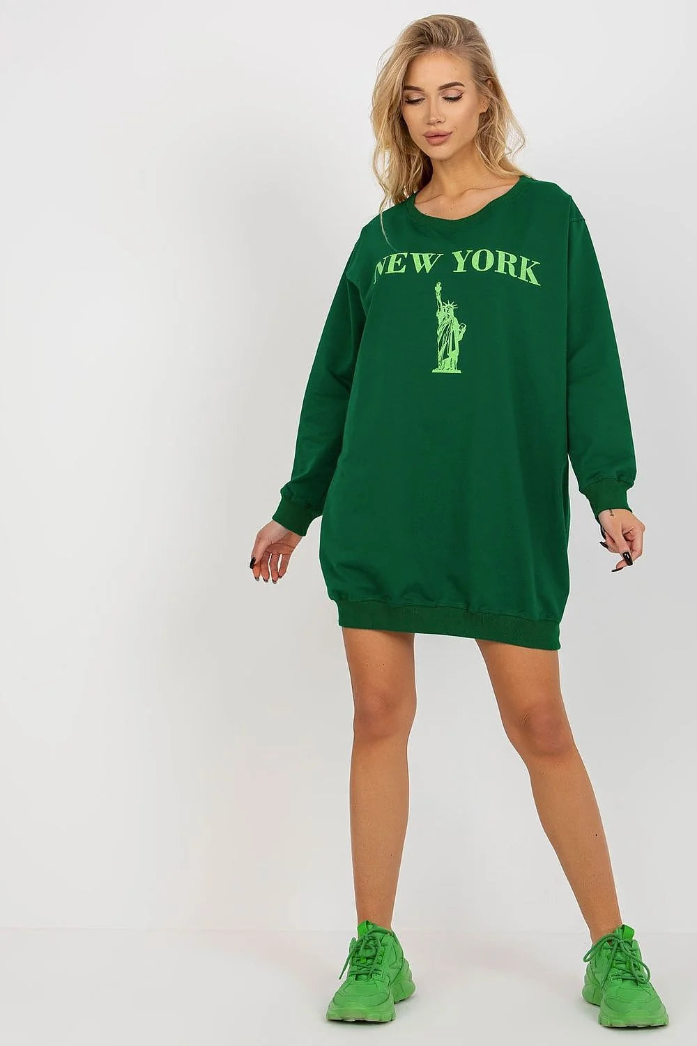 Sweatshirt robe femme style urbain oversize vert foncé Statue de Liberté NEW YORK longueur mi-cuisse manches longues