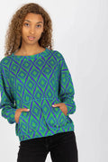 Sweatshirt femme Rue Paris manches longues motif géométrique vert bleu violet