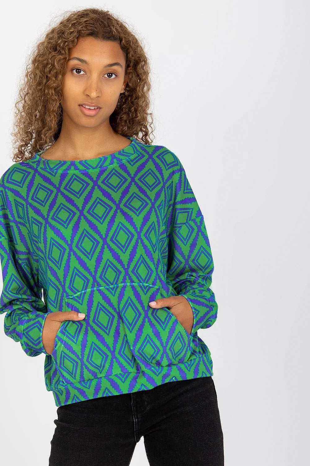 Sweatshirt femme Rue Paris manches longues motif géométrique vert bleu violet