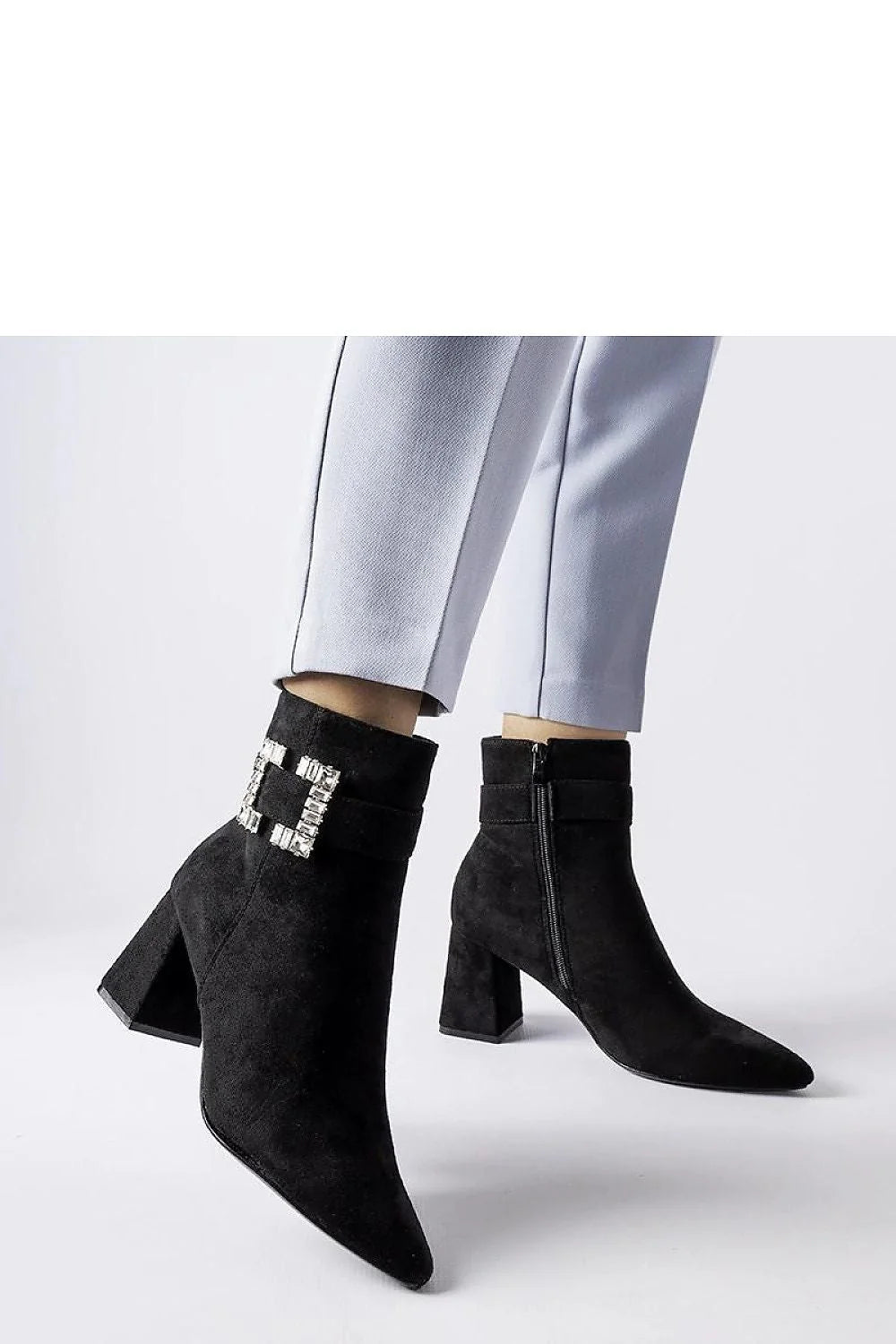 Bottes à talons carrés élégantes pour femmes, cuir suède noir, détails cristal, fermeture éclair latérale, confort et style