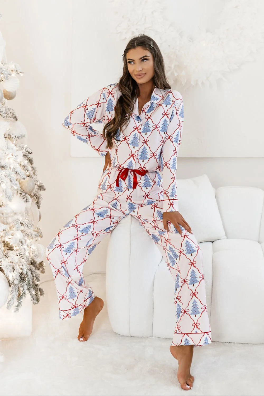 pyjama femme ensemble deux pièces chemise boutonnée pantalon long viscose élasthanne doux léger coupe ample motif noël sapins
