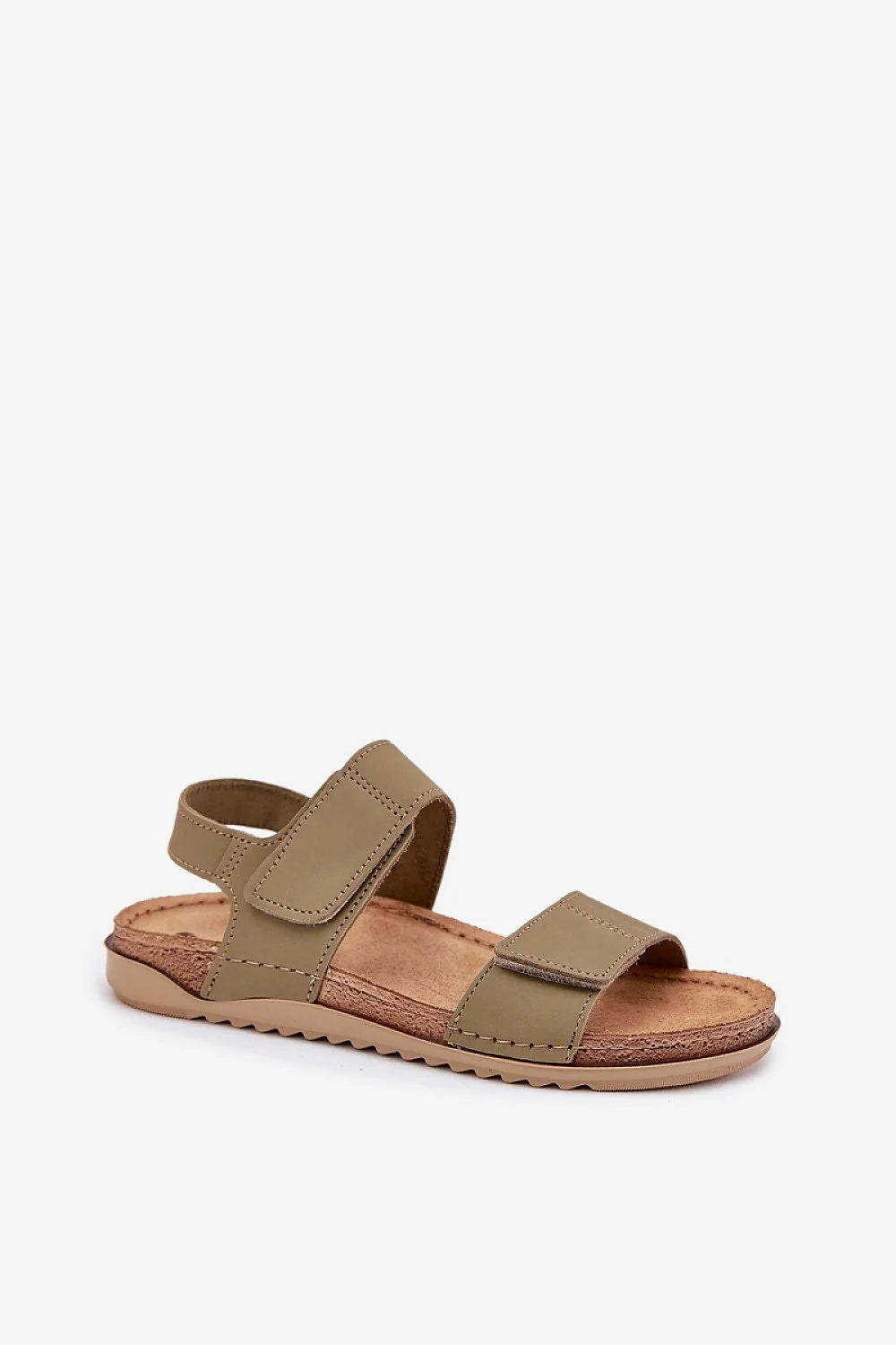 sandales femme olive brides larges réglables velcro talon plat semelle coussinée liège crantée antidérapante nubuck synthétique cheville rembourrée ergonomique profilée