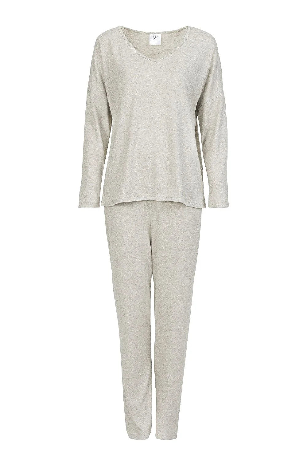 Pyjama femme 2 pièces, Momenti Per Me, coupe oversize, manches longues, col V, pantalon slim, élastique, couleur grise claire, homewear élégant, confort maximal, idéal détente à domicile
