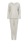 Pyjama femme 2 pièces, Momenti Per Me, coupe oversize, manches longues, col V, pantalon slim, élastique, couleur grise claire, homewear élégant, confort maximal, idéal détente à domicile