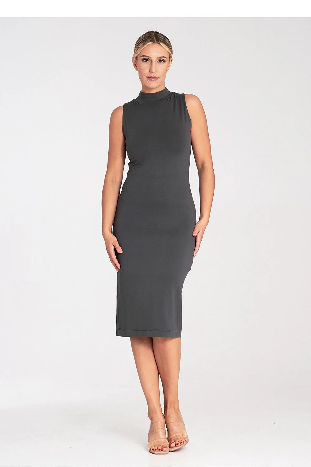 Robe de jour élégante sans manches col montant tissu uni gris matière élasthanne viscose femme taille ajustable