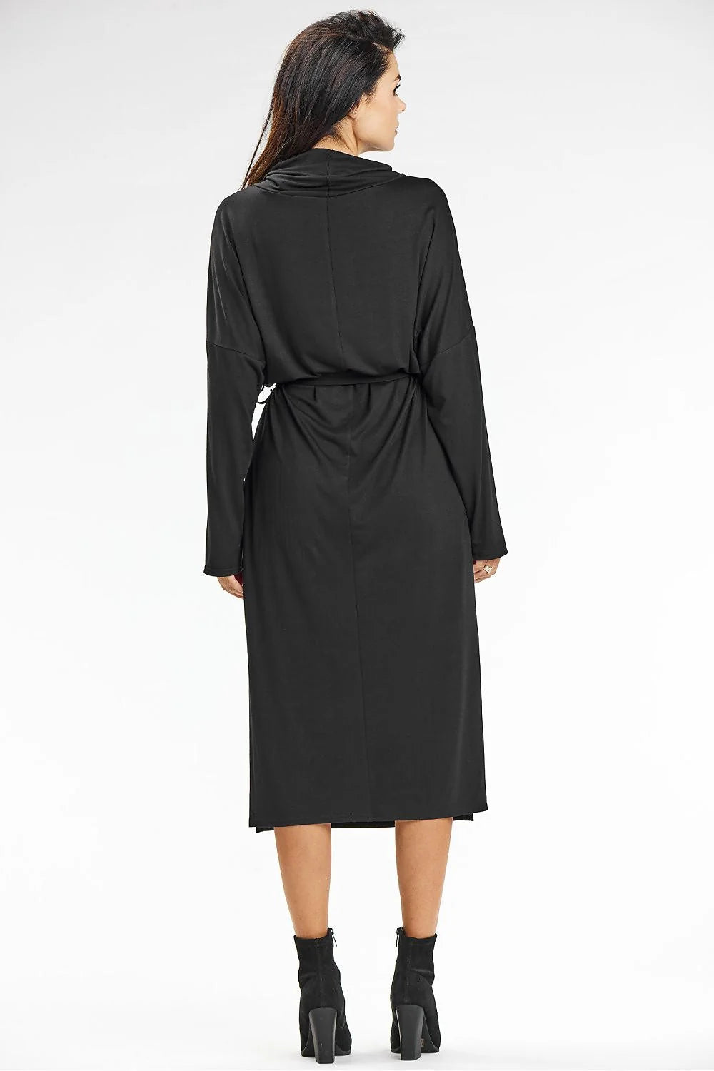 Robe de jour awama élégante en viscose manches longues col drapé ceinture intégrée fente latérale noire femme