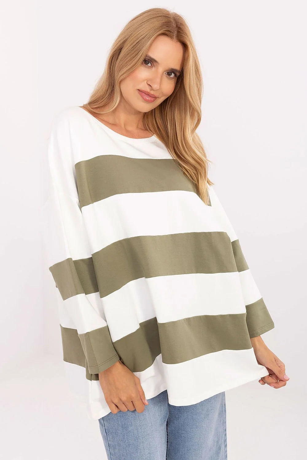 chemisier oversize femme casual décontracté coton elasthanne manches longues col rond rayures horizontales larges blanc kaki coupe ample longueur hanches