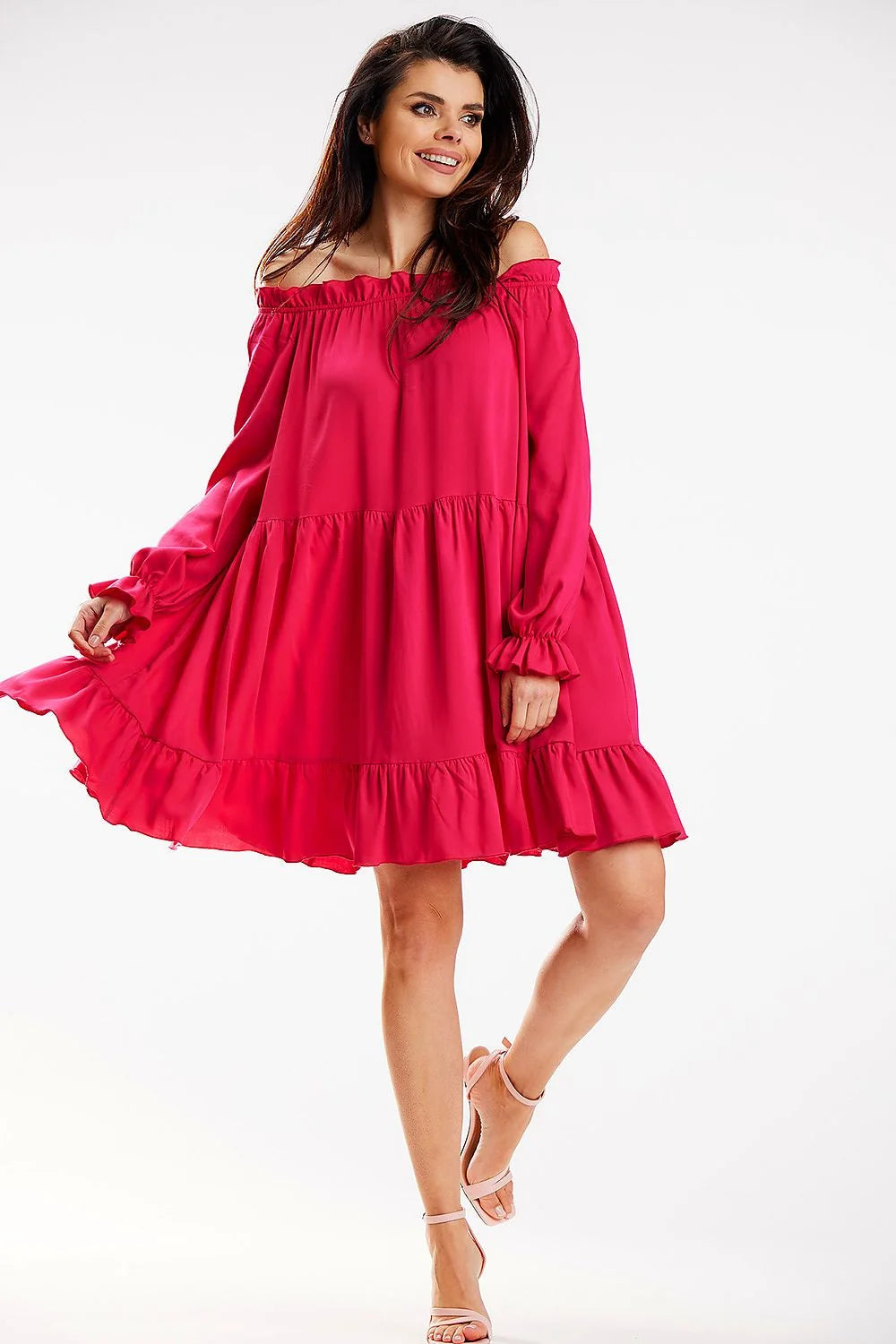 Robe de jour féminine style décontracté élégant couleur rose vif manches longues ceinture ajustable polyester viscose femme