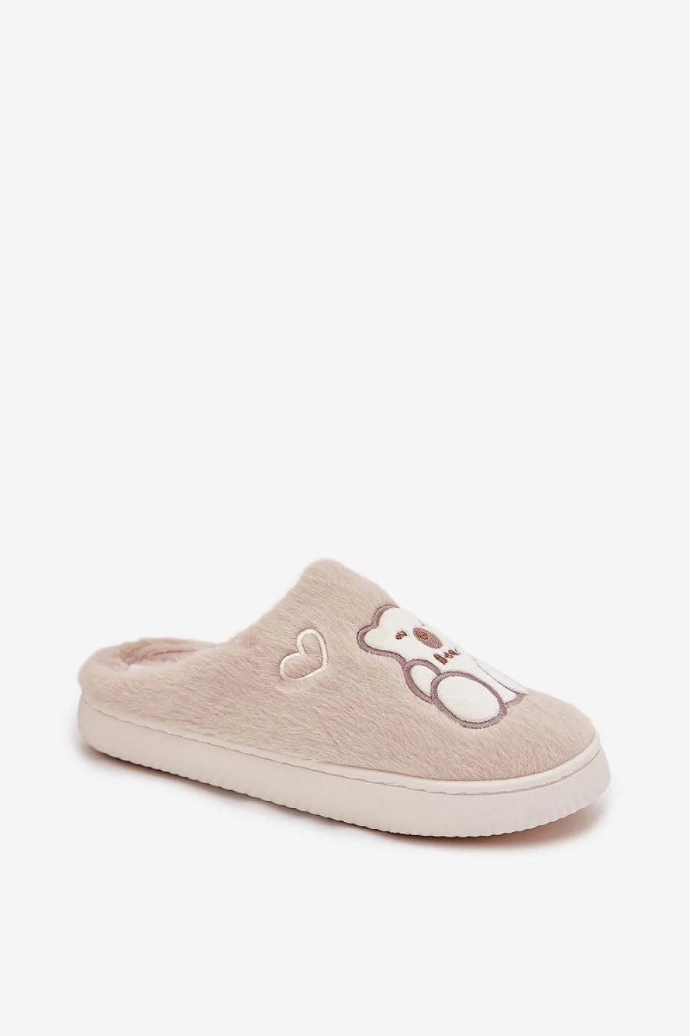 chaussons femme peluche synthétique beige fourrure mules enfilables talon fermé semelle plateforme blanche antidérapante brodée ourson coeur cosy confortable