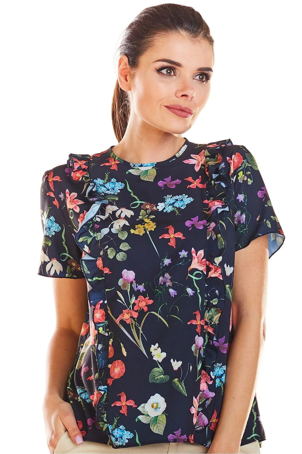 Blouse en polyester romantique avec motifs floraux multicolores, volants élégants pour toutes occasions féminines