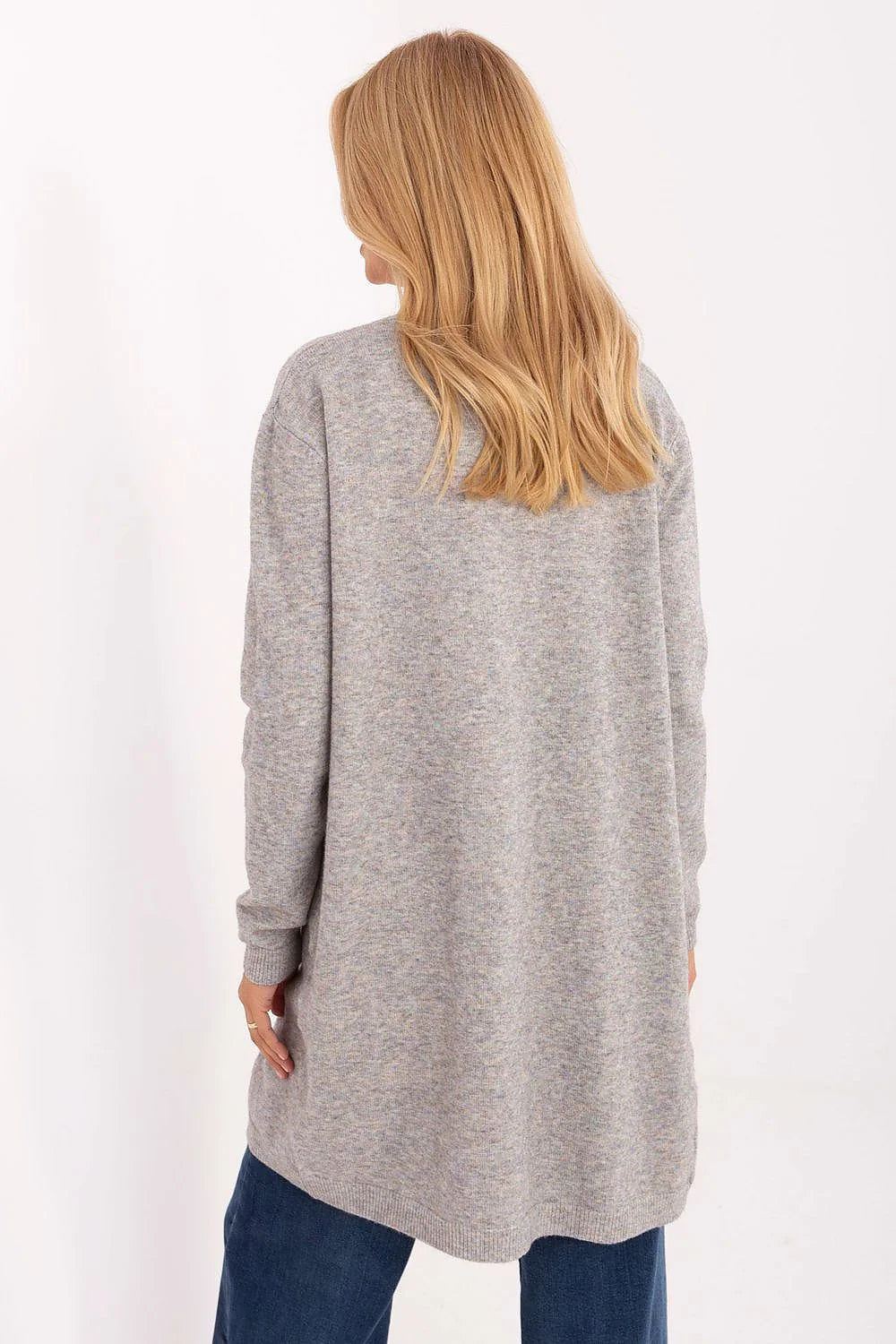 cardigan long femme ouvert maille douce gris chiné manches longues poches plaquées bordscôtes droite mi cuisses viscose modal nylon confortable