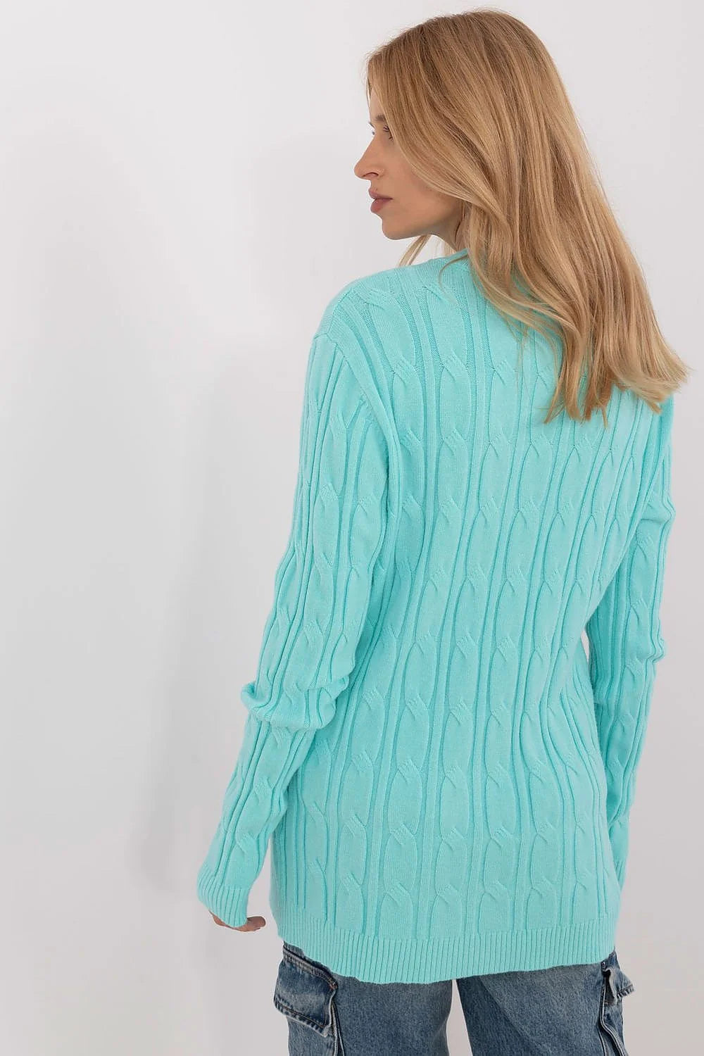 Pull décontracté pour femme en maille douce bleu clair torsades verticales col rond manches longues longueur étendue