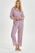 pyjama femme deux pièces chemisier boutonné col classique manches trois quarts poche poitrine brodée pantalon élastique coton vichy rose confortable