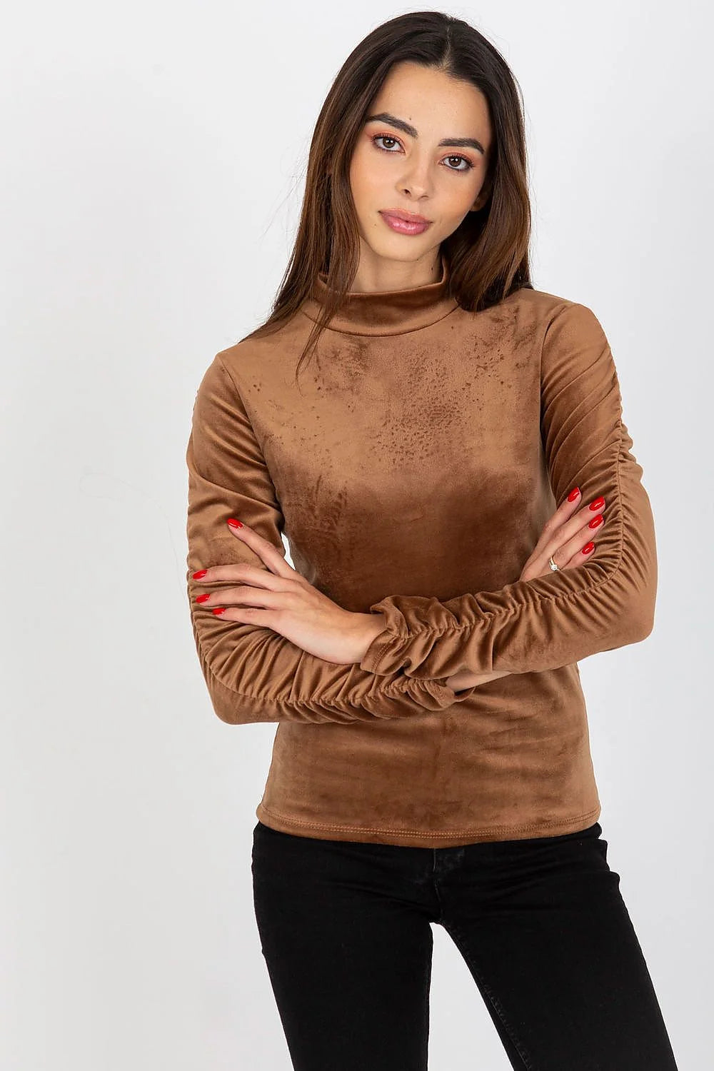 Chemisier velours blanc col montant manches longues coupe droite semi ajustée stretch élégant minimaliste intemporel femme