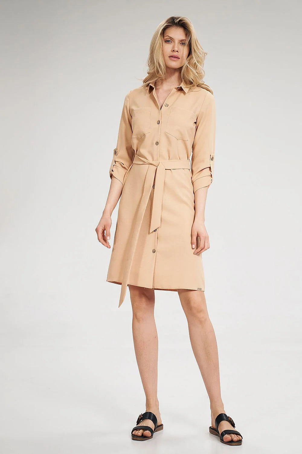 Robe-chemise polyester élégante décontractée bleu clair manches retroussables ceinture ajustable boutons bois femme chic