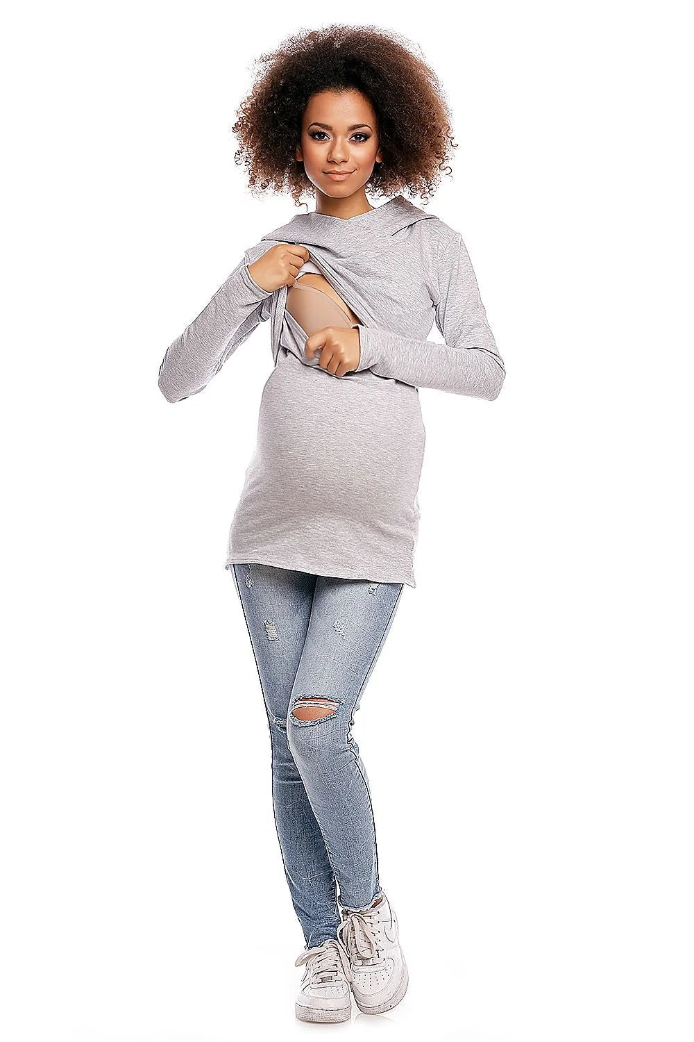 Sweatshirt maternité coton col drapé élégant confortable bleu clair pour futures mamans mode pratique