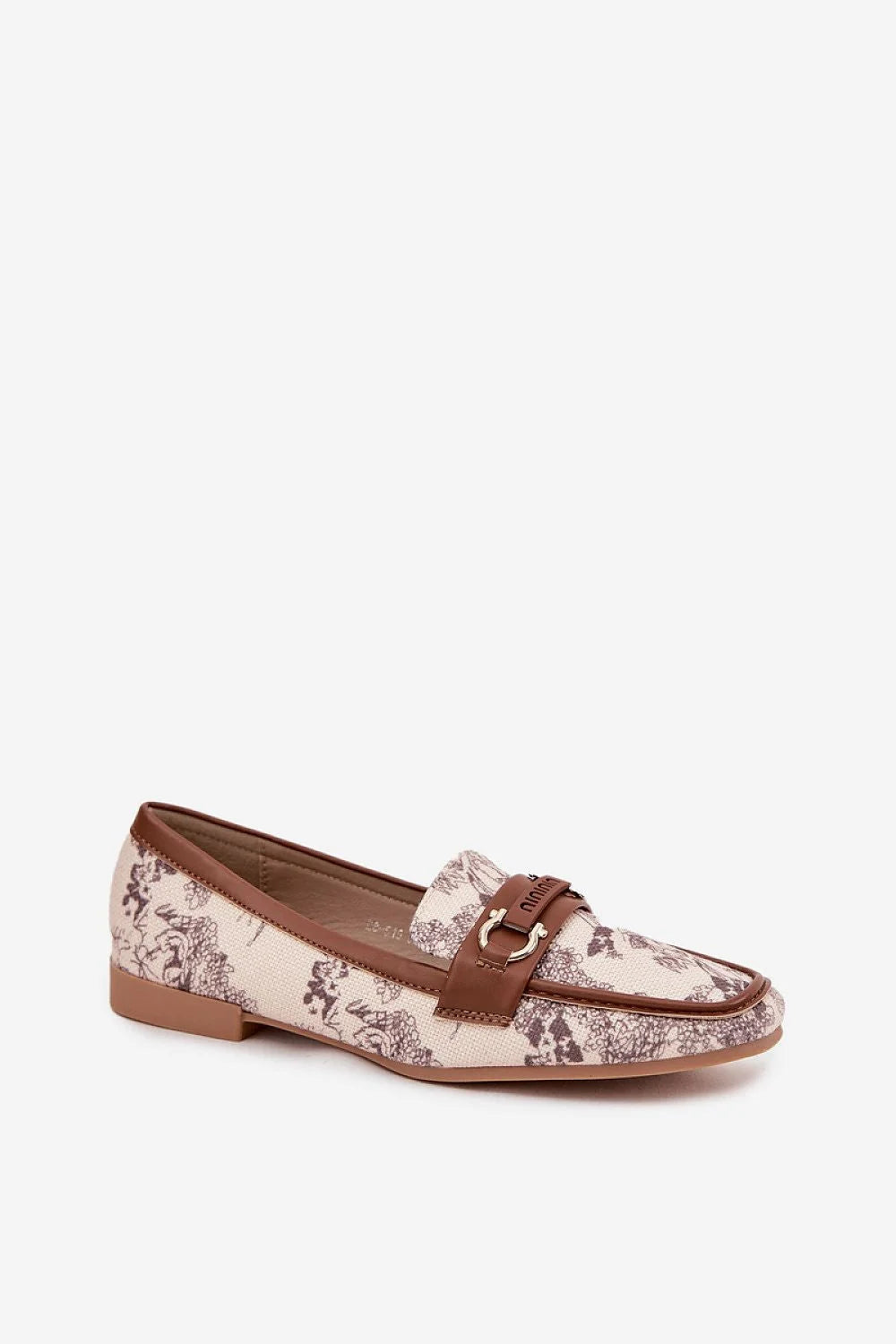 mocassins femme crème toile jouy imprimé floral liserés bride cuir marron mors métallique doré bout carré semelle plate caoutchouc confortable