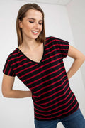 T-shirt femme manches courtes col V rayures horizontales noir et rouge coton élasthanne taille ajustée