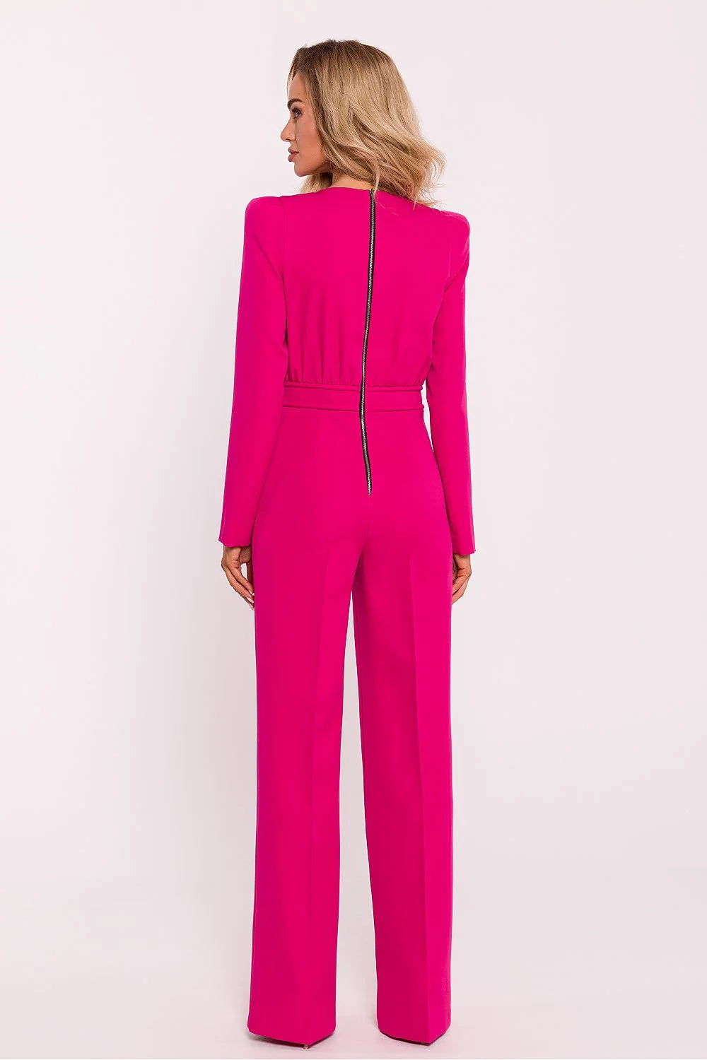 Combinaison élégante pour femme fuchsia vibrante tissu extensible épaules structurées manches longues coupe ajustée