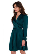 Robe de soirée Makover en satin vert émeraude manches longues ceinture ajustable coupe portefeuille femme