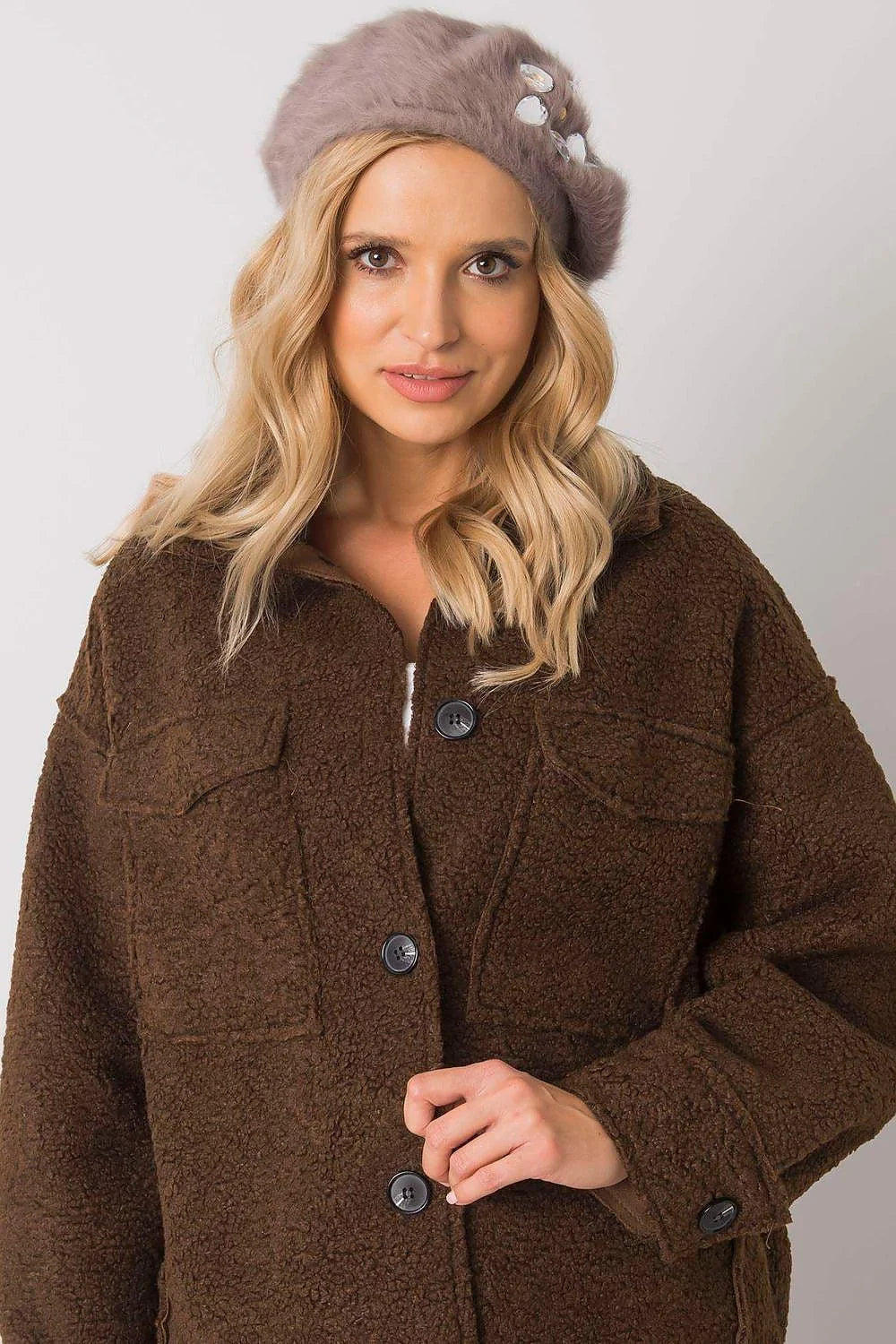 Veste ample en laine bouclée marron chic et béret violet strass décontractés automne-hiver femmes