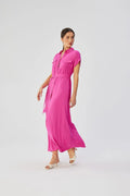 Robe longue fuchsia chemisier manches courtes col chemise ceinture ajustable robe élégante occasionnels femmes