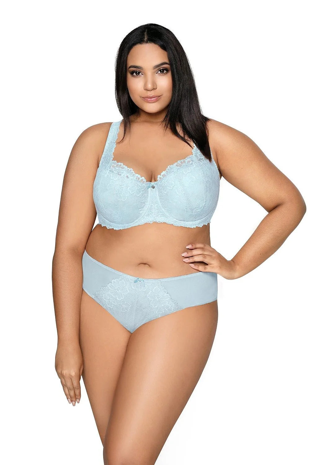 Soutien-gorge rembourré dentelle floral bleu pastel grande taille femme coupe emboîtante support optimal bretelles larges ajustables occasion spéciale