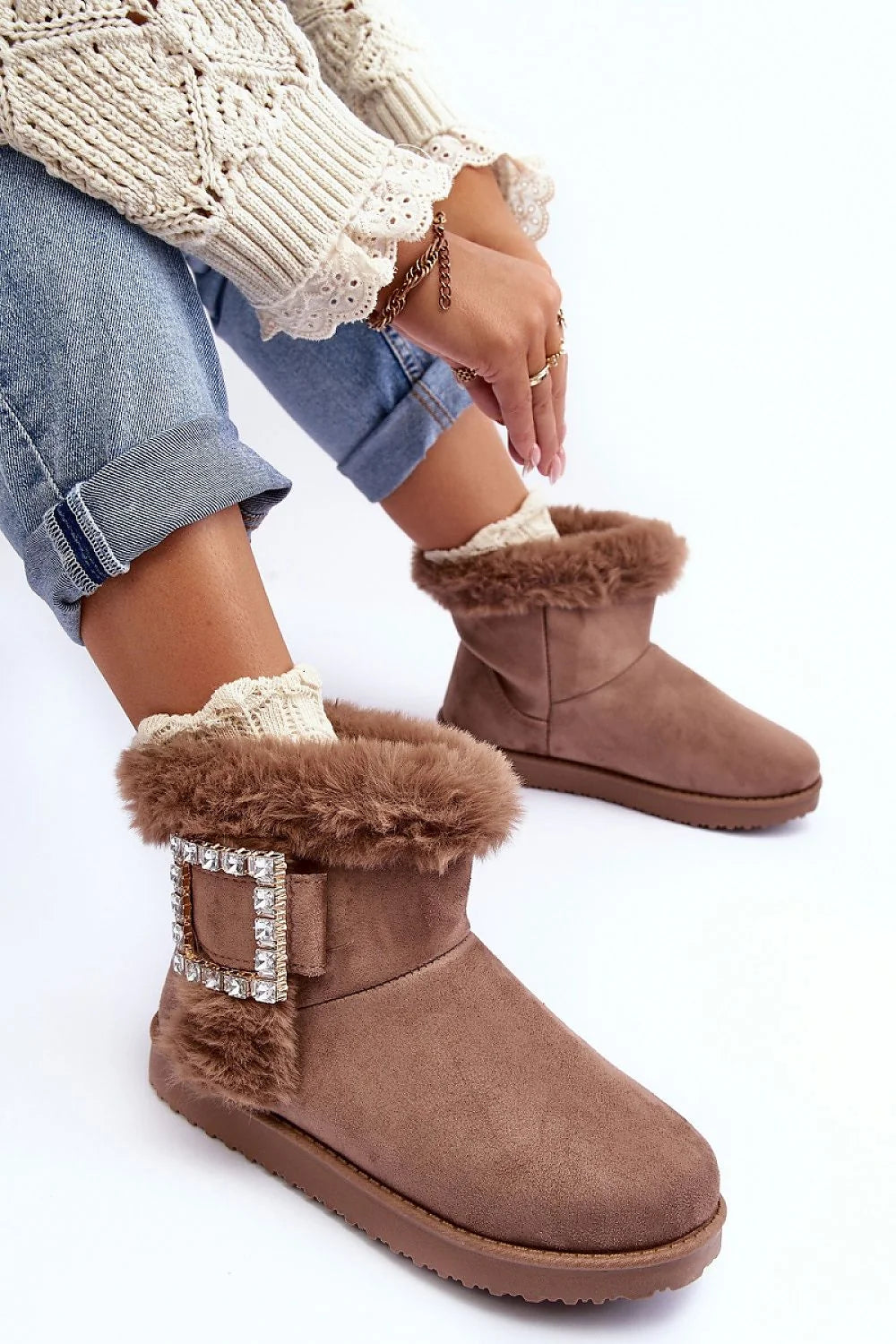 Bottines marron suédine décontractées confortables fourrure strass hiver femme mode élégante chaussures casual