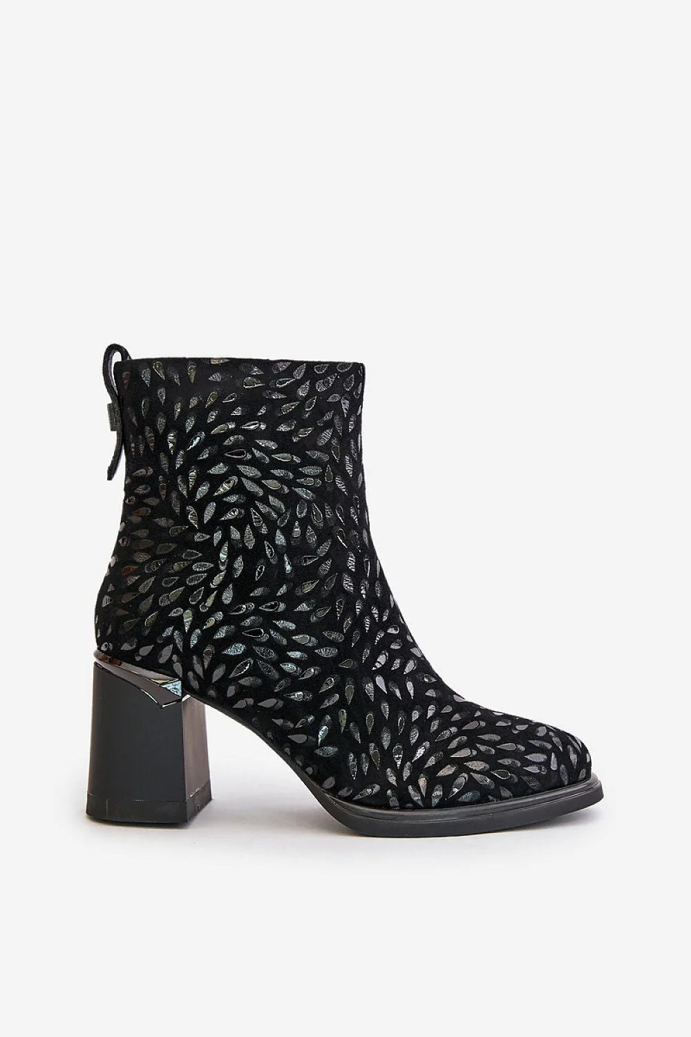 Bottes à talons épaisses élégantes pour femme en daim naturel, style semi-classique, motif gouttelettes argentées, talon carré 7,5 cm, confort et style pour tenues décontractées ou habillées