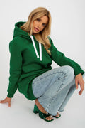 sweatshirt long femme chaud doublure molletonnée coton polyester capuche cordon poches latérales discrètes coupe allongée minimaliste polyvalent confortable décontracté