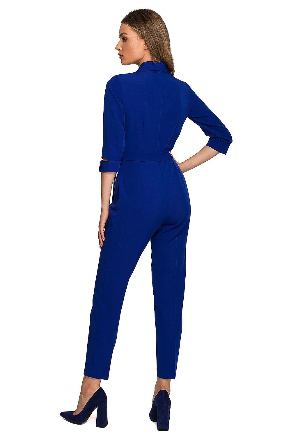 combinaison femme chic élégante vert forêt manches trois quart ceinture nouée col châle slim tailleur boutons dorés