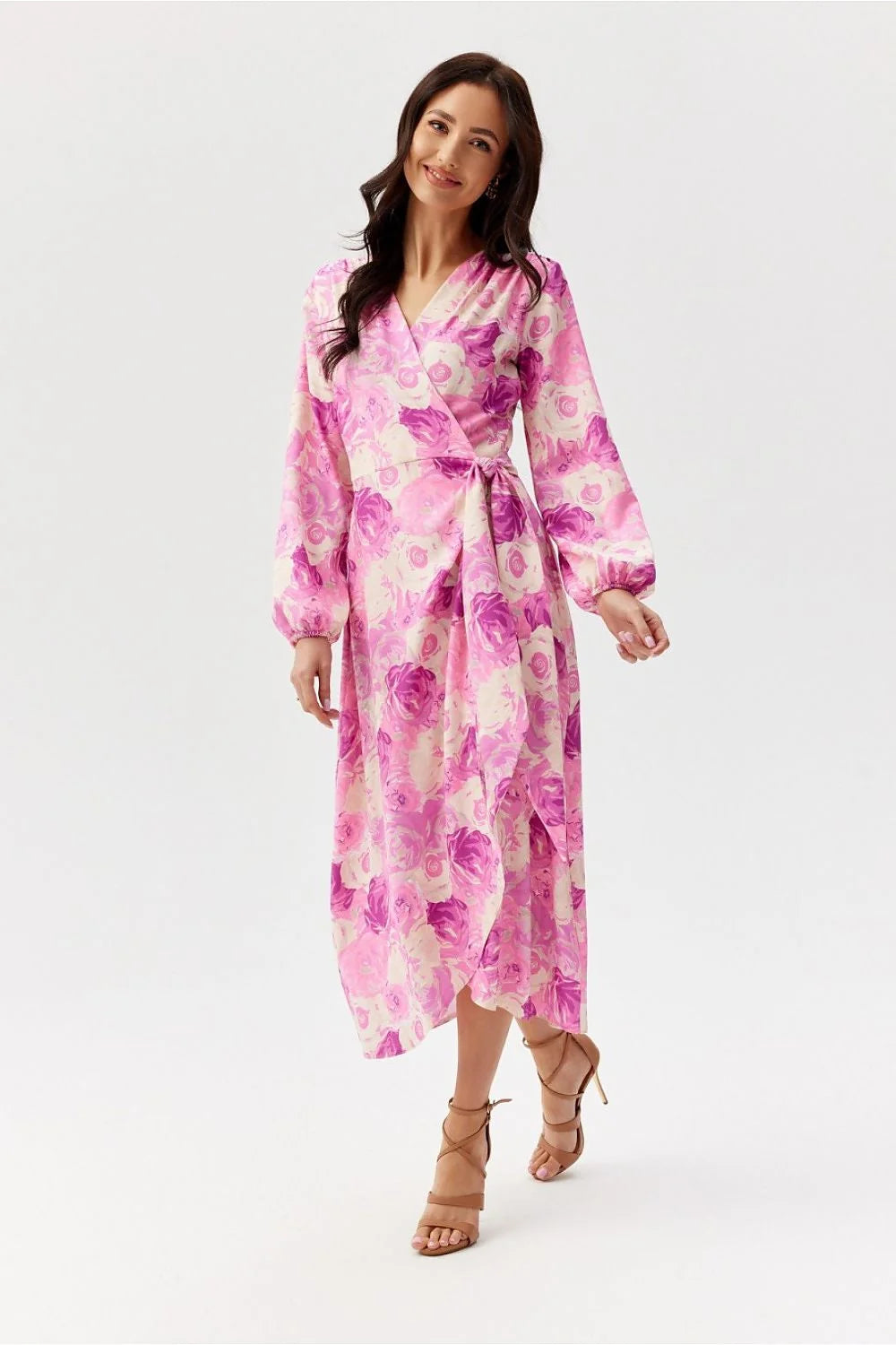 Robe de jour Roco Fashion élégante longues manches coupe portefeuille motif floral rose violet femme