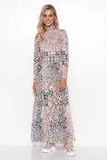 robe longue Makadamia maille douce aérée motifs animaliers géométriques manches longues col montant taille marquée partie inférieure évasée