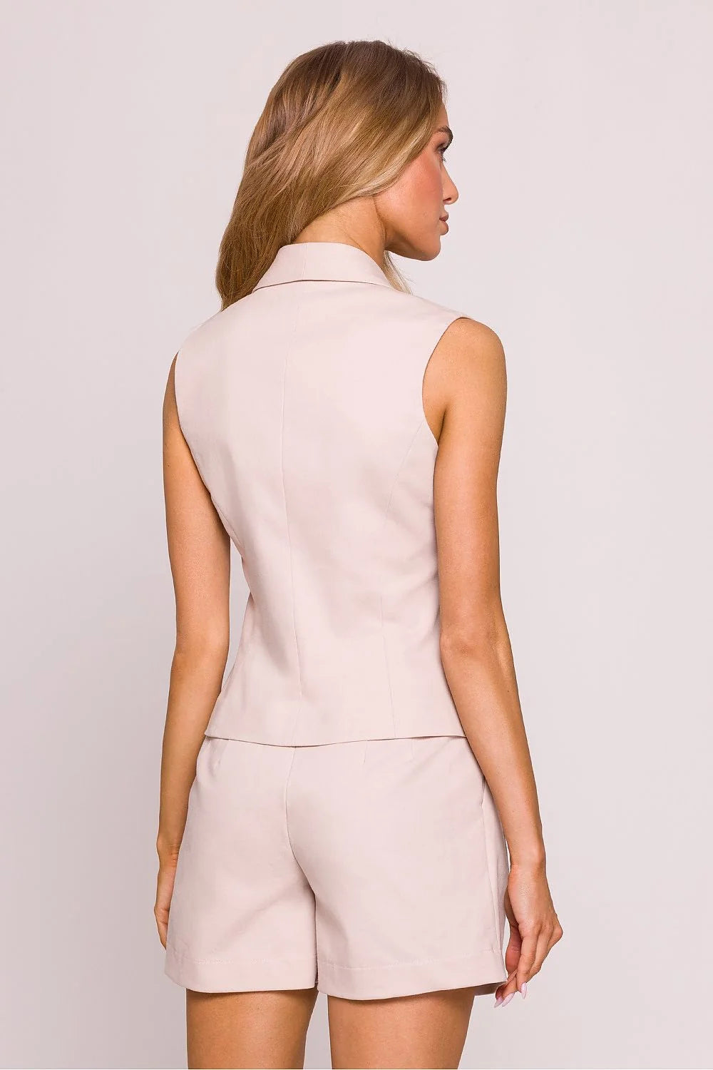 Ensemble femme élégant gilet sans manches short assorti高腰 beige pastel coton polyester