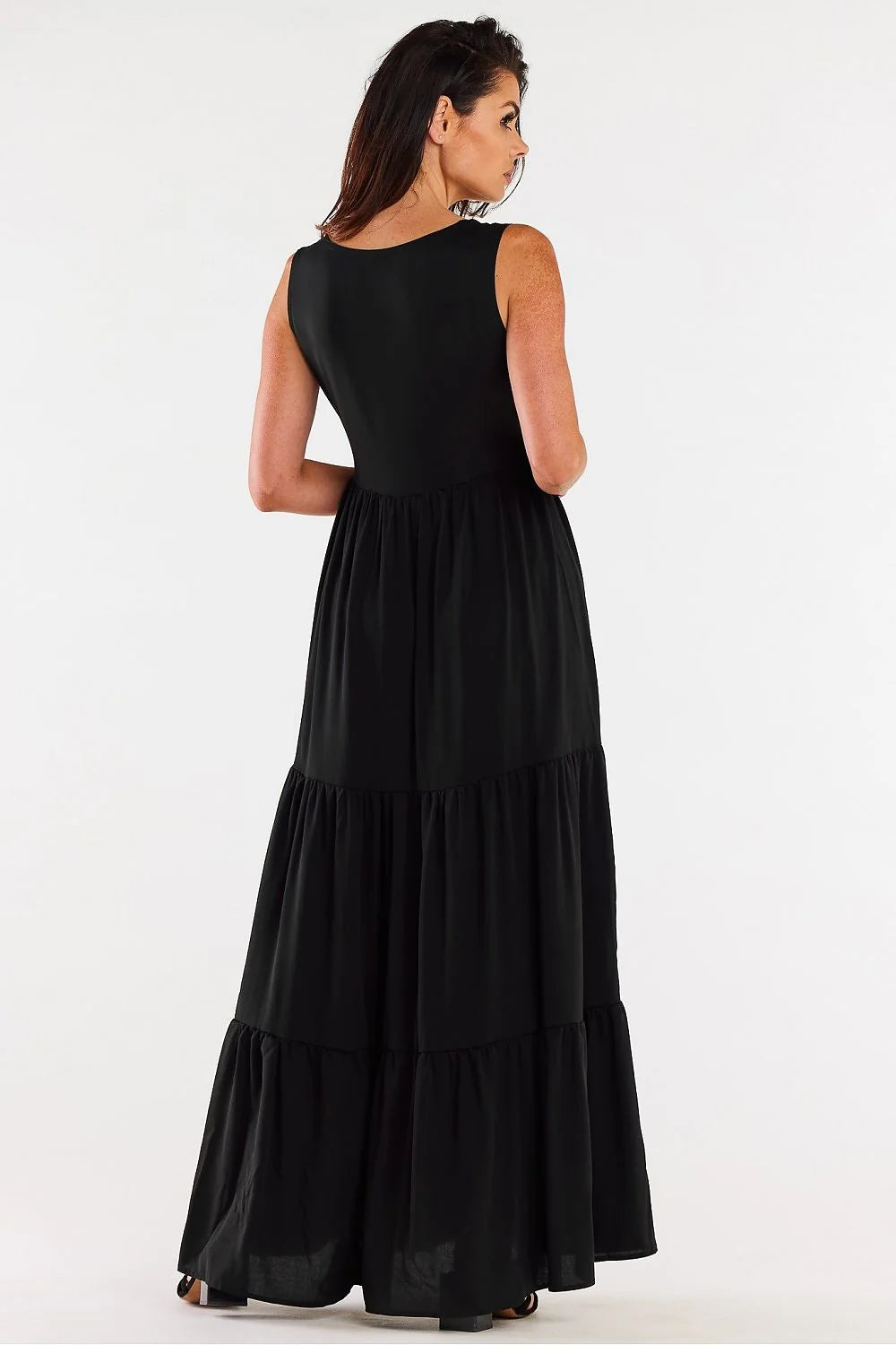 Robe de soirée élégante longue sans manches décolleté V dos droit viscose noire femme occasion spéciale