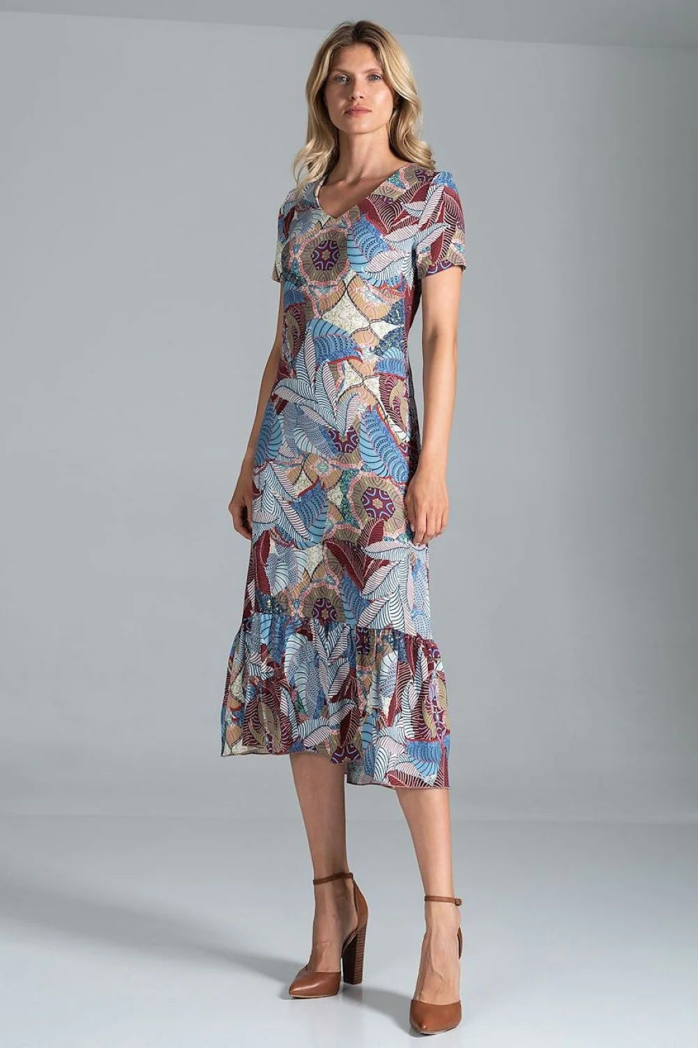 robe jour élégante colorée viscose fluide midi manches courtes encolureV taille marquée bas volanté imprimée multicolore bohème chic