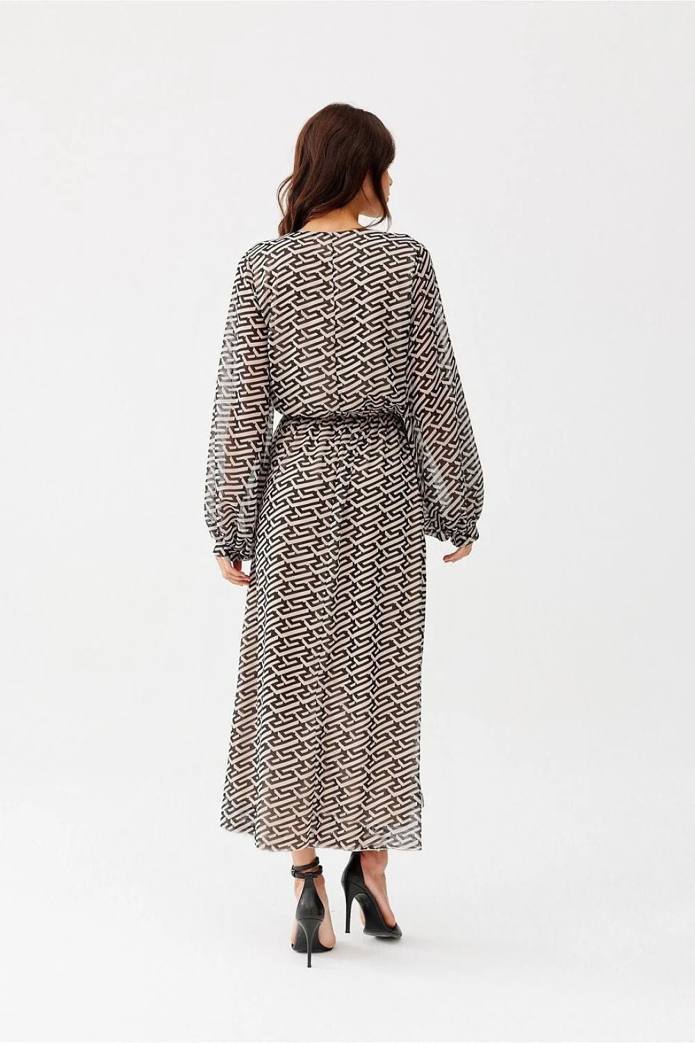 Robe de jour Roco Fashion longue imprimé géométrique noir et blanc manches longues élastique taille femme mode
