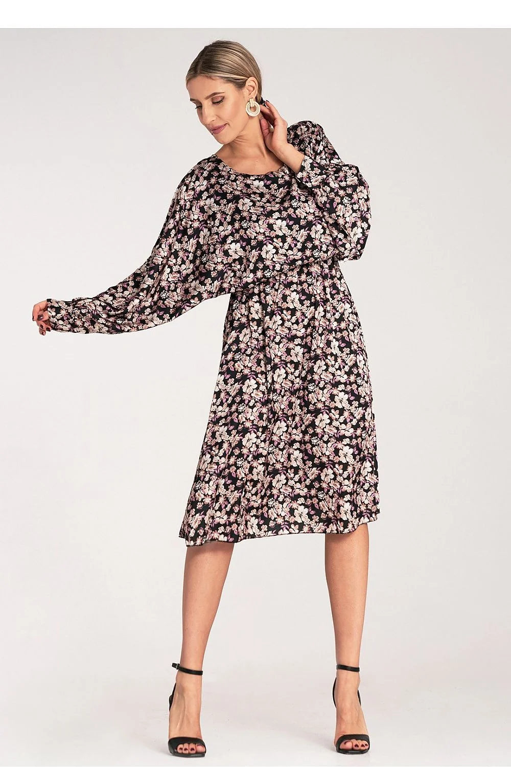 Robe de jour Figl en satin floral kimono style manches amples taille élastiquée pour femme
