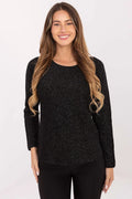 pull femme noir scintillant brocart col rond manches longues maille fine coupe droite longueur hanches élégant soirée confortable viscose extensible